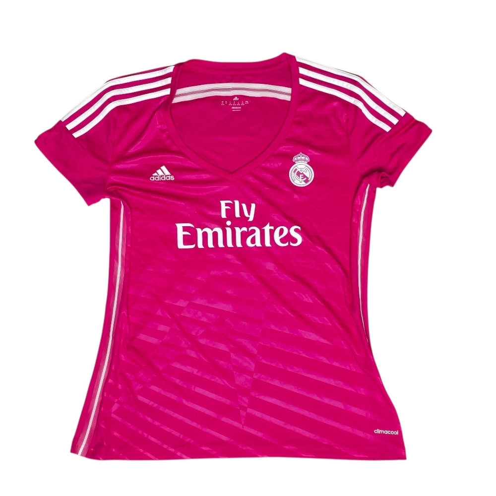 Sergio Ramos Adidas Women's Bright Pink V-Neck Jersey REAL MADRID 2014 2015 AWAY - Picture 2 of 13